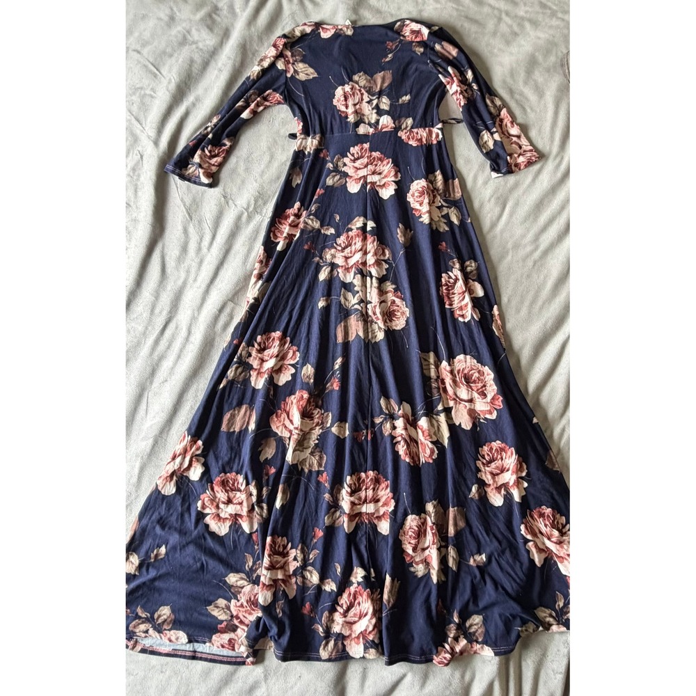 Mother Bee Maternity Navy Floral Faux Wrap Maxi Dress Pink Rose Print - Picture 2 of 4